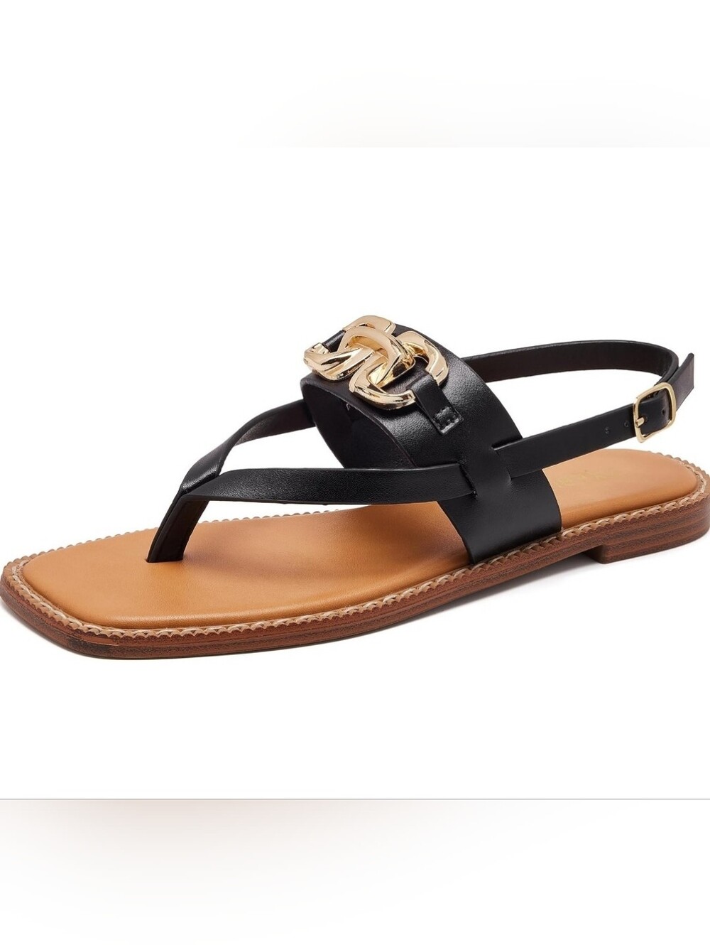 Black Leather Thong Sandal with Gold Chain Accent and Adjustable Back Strap